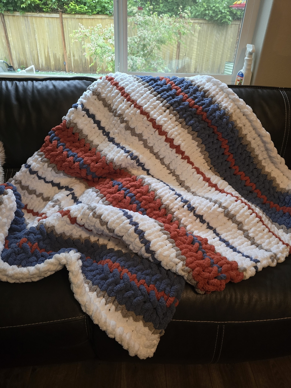 Plush Striped Throw Blanket - White, Blue, Gray & Rust